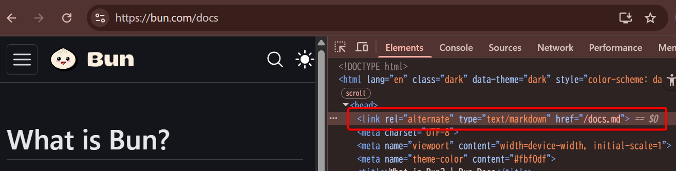 bun.com/docs で <link rel="alternate" type="text/markdown"> が使用されている例